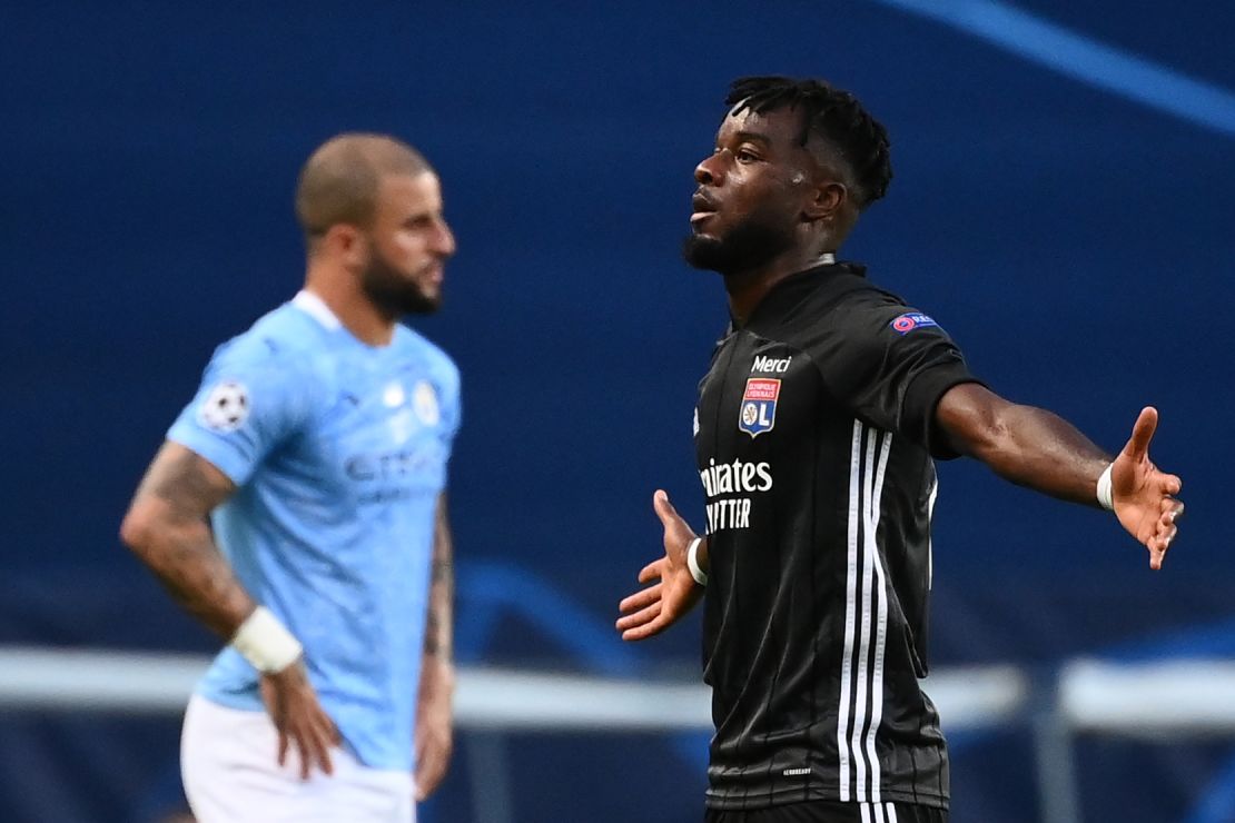 Forward Maxwel Cornet celebrates scoring Lyon's first goal against Manchester City on Saturday, August 15.