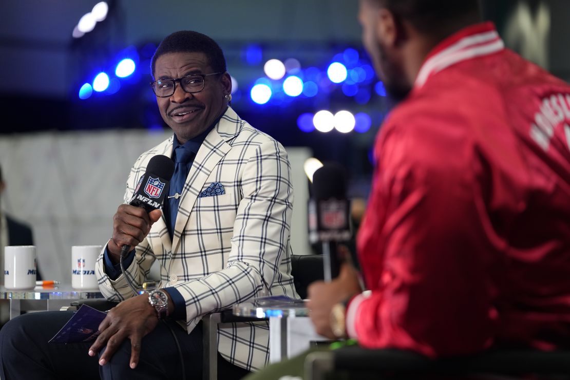 Irvin speaks on media row ahead of Super Bowl LVI on February 10, 2022 in Los Angeles.