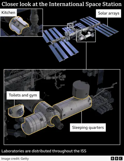 A graphic showing parts of the International Space Station