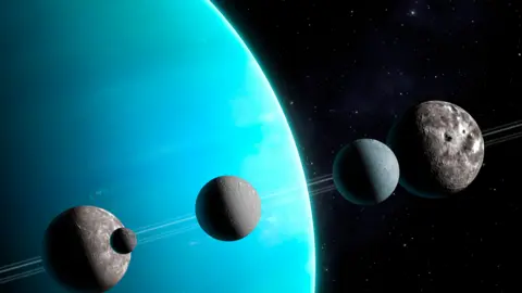 SPL Artwork of Uranus and five of its moons