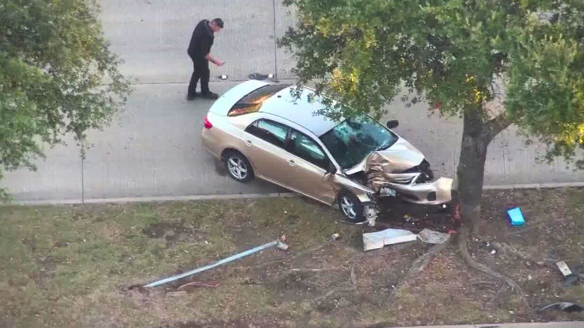 A gold Toyota with its hood damaged