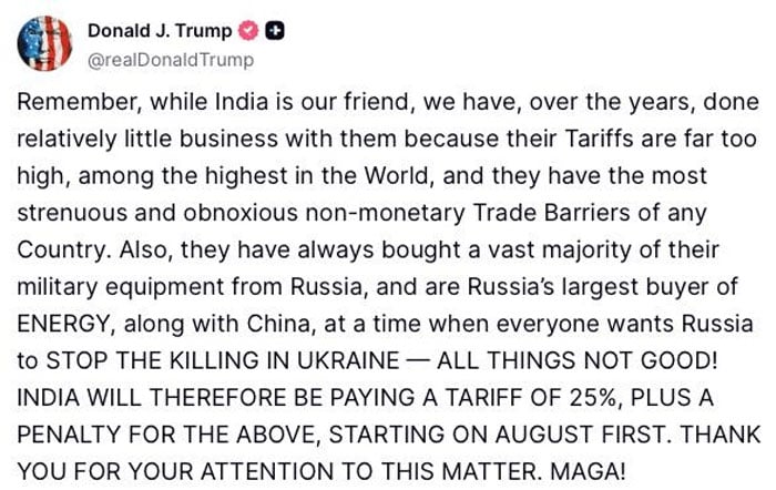 US to impose 25% tariff on India from Aug 1, says Trump