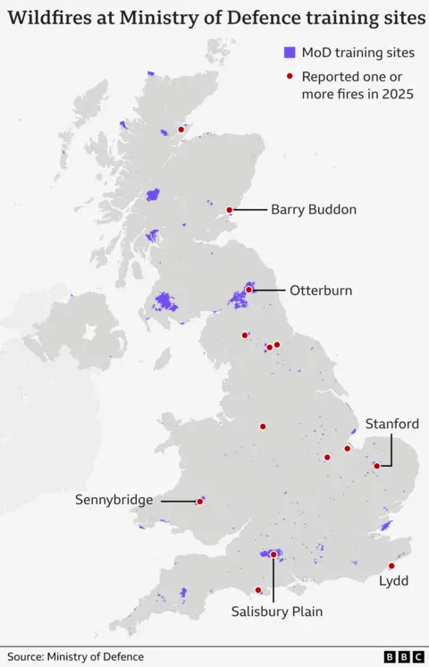 A graphic showing MoD locations that have had wildfires this year