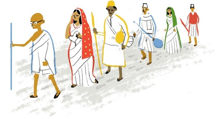 2015: A Doodle illustrated by Leon Hong featured Mahatma Gandhi and commemorated the Salt March of 1930—one of the key events that sparked the Civil Disobedience Movement. (Image: Google.com)
