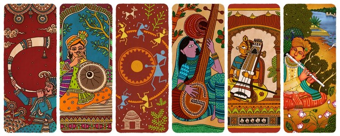 2020: Mumbai-based artist Sachin Ghanekar designed a Doodle featuring iconic Indian folk instruments, such as the tutari, shehnai, dhol, veena, sarangi, and bansuri—honoring India's rich musical heritage spanning over 6,000 years. (Image: Google.com)