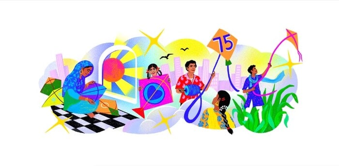 2022: Kerala-based artist Neethi illustrated a Doodle celebrating India’s 75th Independence Day. The artwork paid tribute to the vibrant tradition of kite flying, showcasing the joy, craftsmanship, and sense of community it brings. (Image: Google.com)