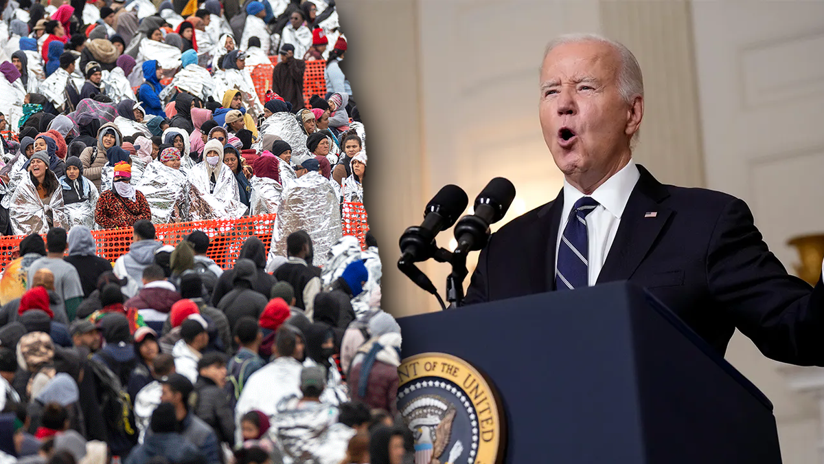 Migrant crisis in Texas (left) and Joe Biden (right)