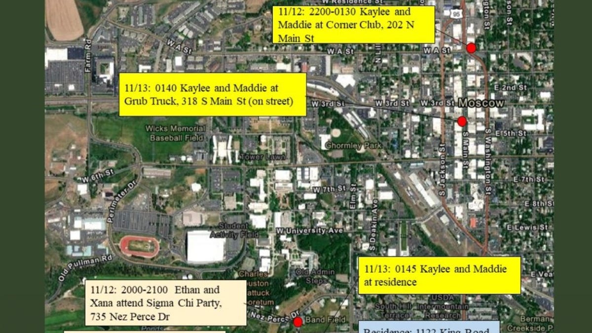 Moscow, Idaho, map showing final movements of student murder victims
